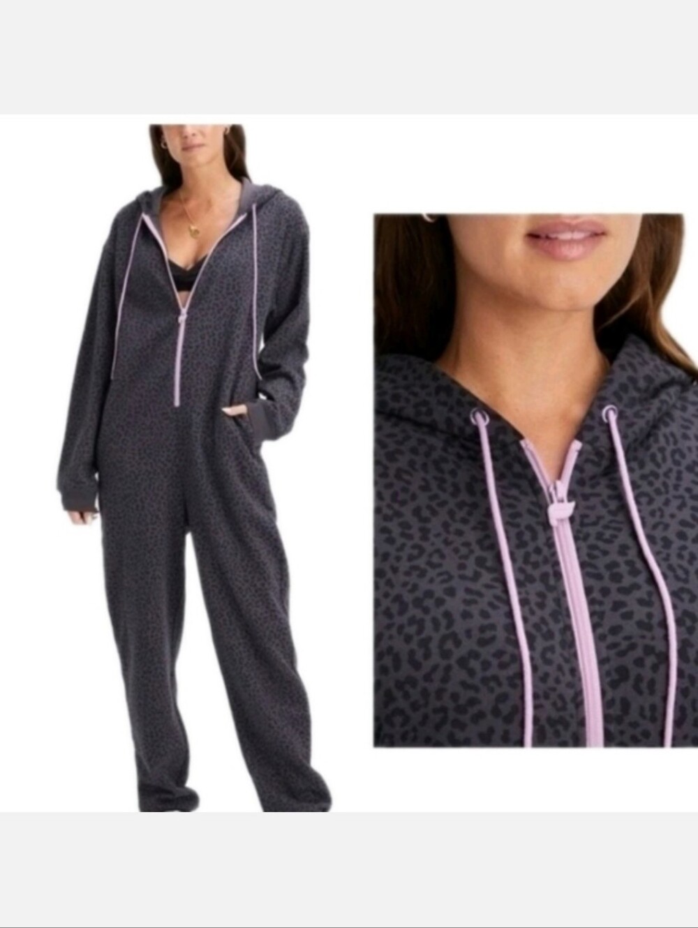 Fabletics Charcoal Leopard Print Hoodie Onesie with Pink Trim